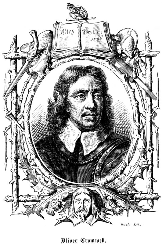 Oliver Cromwell (1599-1658) Lord Protector and head of the Commonwealth of England, Scotland and Ireland, republican period of England, pioneer of parliamentarianism, Puritan, opponent of the Catholics, emblem, Bible, Old Testament, sword, long wavy hair, portrait of famous personalities, long hair, numerous decorations, art, steel engraving, historical illustration 1863