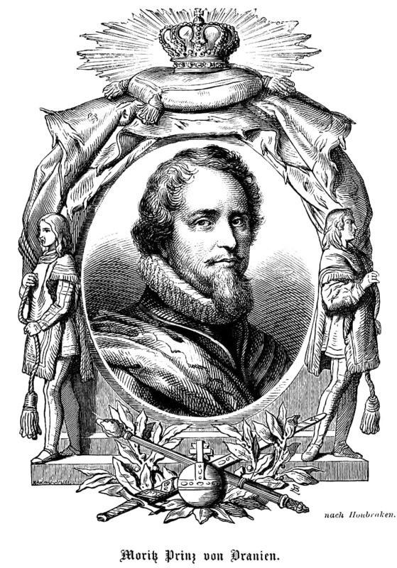 Moritz Prince of Orange (1567- 1625) Governor of the Netherlands, Republic of the Seven United Netherlands (Republiek der Zeven) successful general, portrait of famous personalities, oval, royal house, emblems, royal insignia, crown, sceptre, orb, globe, beard, numerous decorations, art, steel engraving, historical illustration 1863