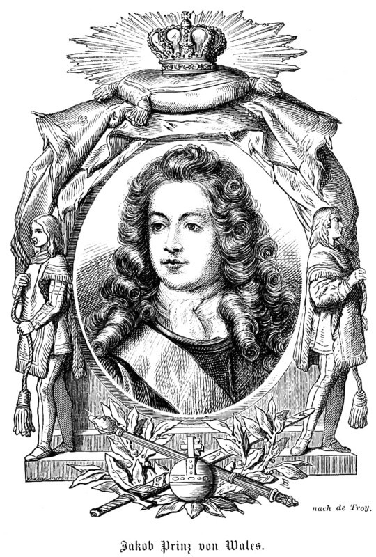 James Prince of Wales, James Francis Edward Stuart (1688-1766) Pretender to the Scottish and English thrones, Old Pretender, portrait of famous personalities, oval, royal house, royal insignia, crown, sceptre, orb, globe, curls, wig, fresh look, numerous decorations, art, steel engraving, historical illustration 1863