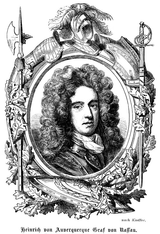 Henry von Auverquerque Count of Nassau feathers, helmet, sword, heelebard, shield, knight, emblems, portrait of famous people, wig, curls, numerous decorations, art, steel engraving, historical illustration 1863