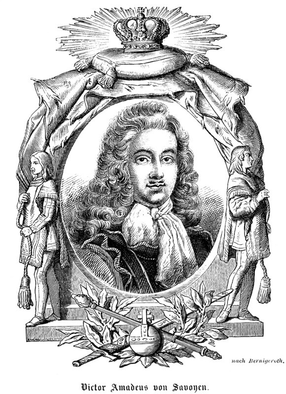 Victor Amadeus I of Savoy-Carignan (1690-1741) Prince of Savoy, Prince of Carignan, France, portrait of famous personalities, oval, royal house, emblems, royal insignia, crown, sceptre, orb, globe, nobility, curls, wig, moustache, scarf, numerous decorations, art, steel engraving, historical illustration 1863