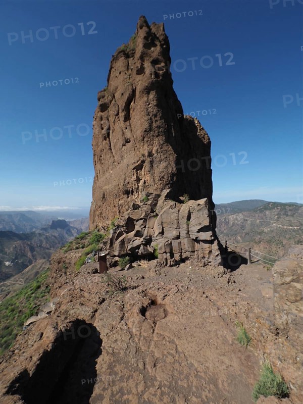 Steeply rising rock on a mountain trail with panoramic views, Roque Bentayga, Gran Canaria, Canary Islands, Spain