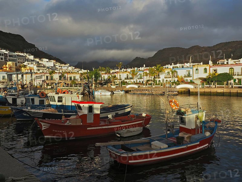 Fishing boats in quiet harbor with colorful houses in soft evening light, Puerto de Mogan, Gran Canaria, Canary Islands, Canary Islands, Spain