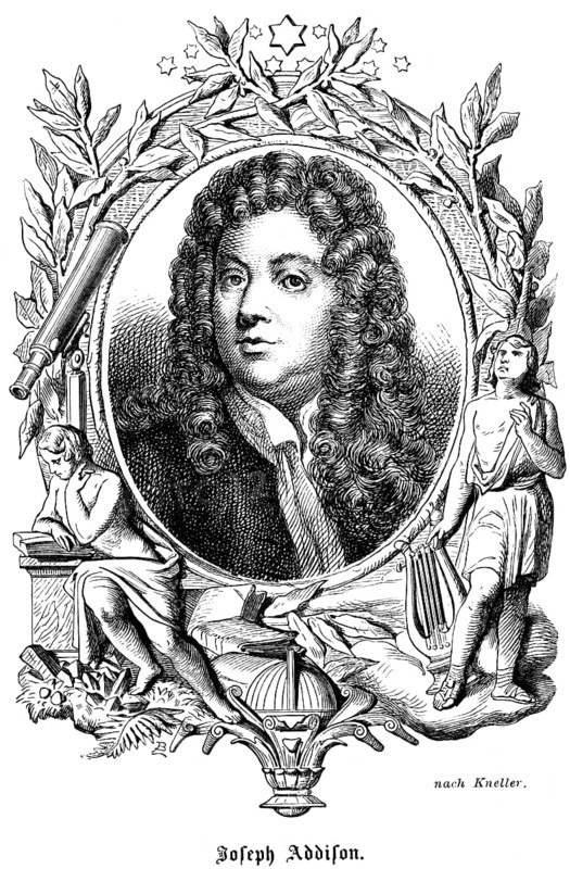 Joseph Addison (1672-1719) England, poet, politician and journalist, essayist, founder of the Kit-Cat Club London, travelling through France and Italy, under-secretary of state, curls, wig, portrait of famous personalities, proud look, numerous decorations, stars, harp, reading a book, telescope, leaves, art, steel engraving, historical illustration 1863