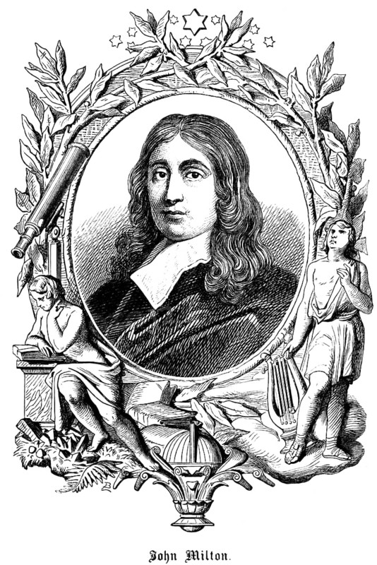 John Milton (1608-1674) English poet and politician under Oliver Cromwell, writings against the monarchy, long slightly wavy hair, numerous decorations, stars, harp, reading a book, telescope, leaves, art, steel engraving, historical illustration 1863