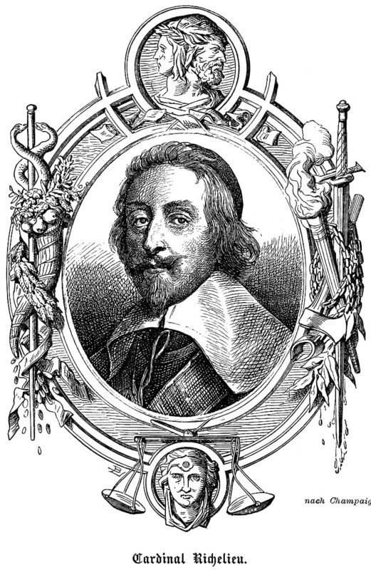 Cardinal Richelieu, Armand-Jean du Plessis, 1er duc de Richelieu (1585-1642), France, catholic prince of the church and statesman, first minister under King Louis XIII, lieutenant general of the kingdom, reformer, administration, moustache, confident look, symbolic ornamentation, Janus head, torch, sword, heraldry, portrait of famous personalities, first minister under King Louis XIII, historical illustration 1863
