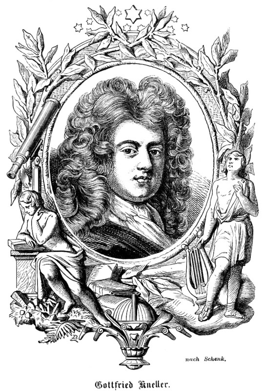 Gottfried Kniller or Sir Godfrey Kneller (1646-1723) German-British portrait painter, court painter to King Charles II, Lübeck family of artists, Kneller Academy of Painting and Drawing London, curls, wig, scarf, portrait of famous personalities, numerous decorations, stars, harp, reading a book, telescope, leaves, art, steel engraving, historical illustration 1863