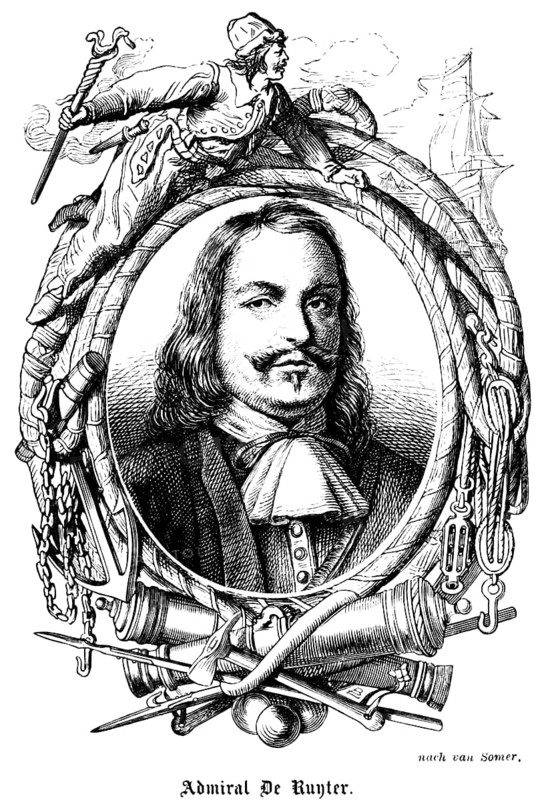 Michiel Adriaenszoon de Ruyte, Dutch Admiral De Ruyter (1607-1676) navy, naval hero, Anglo-Dutch naval wars, fleet commander, emblems, sailor, sailing ship, anchor chain, cannon, portrait of famous personalities, moustache, long wavy hair, neckerchief, numerous decorations, art, steel engraving, historical illustration 1863
