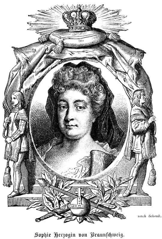 Sophie Dorothea Duchess of Brunswick and Lüneburg (1666-1726) Princess of Ahlden, unhappily married, divorce, lover, escape plan, portrait of famous personalities, oval, royal house, royal insignia, crown, sceptre, orb, globe, curls, headscarf, friendly look, numerous decorations, art, steel engraving, historical illustration 1863