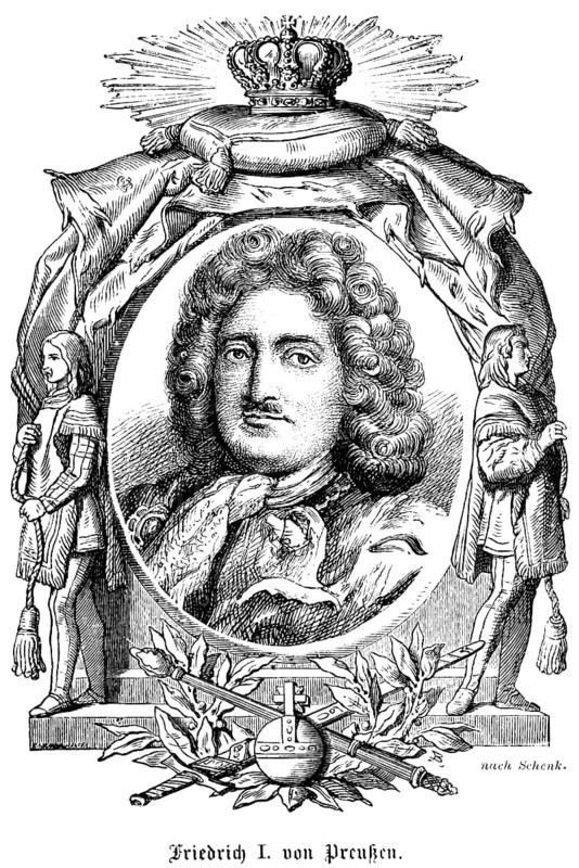 King Frederick I of Prussia (1657-1713) House of Hohenzollern, Elector of Brandenburg, Elector Prince, Northern War, coronation as king in Königsberg, today Russia, patron of education and culture, portrait of famous personalities, oval, royal house, emblems, royal insignia, crown, sceptre, orb, globe, curls, wig, scarf, moustache, numerous decorations, art, steel engraving, historical illustration 1863