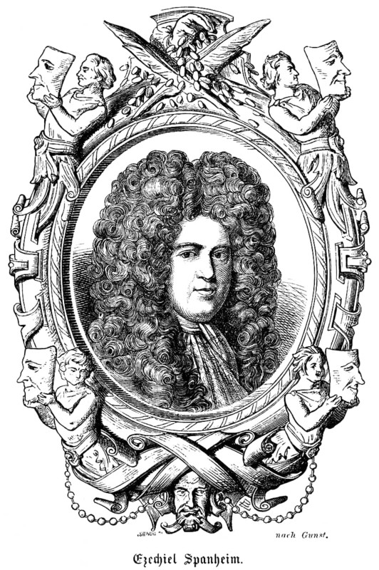 Ezekiel Spanheim (1629-1710) Swiss in German service, diplomat, lawyer and theologian, professor of rhetoric, University of Leiden, member of the Royal Society, England, diplomatic service in the Peace of Rijswijk, Prussian ambassador to England, portrait of famous personalities, splendid curls, wig, scarf, friendly look, numerous decorations, emblems, art, steel engraving, historical illustration 1863