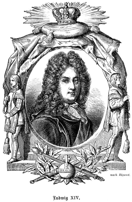 Portrait of famous people, oval, royal regalia, crown, scepter, orb, globe, curls, wig, scarf, numerous decorations, art, steel engraving, historical illustration 1863