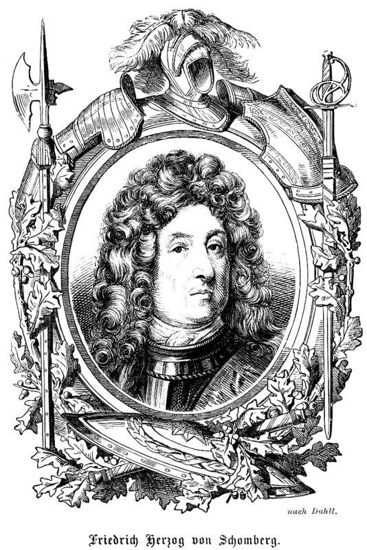 Frederick Herman de Schomberg, 1st Duke of Schomberg, Frederick Duke of Schomberg (1615-1690) German, as a general in English service, military advisor to the Portuguese, death in the Battle of the Boyne in 1690 in the Kingdom of Ireland, emblems, feathers, helmet, sword, halberd, shield, knight, portrait of famous personalities, curls, wig, numerous decorations, art, steel engraving, historical illustration 1863