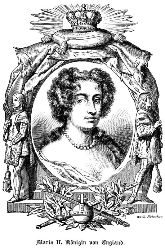 Mary II Queen of England (1662-1694) Curls, necklace, pearls, pensive look, portrait of famous personalities, oval, royal house, royal insignia, crown, sceptre, orb, globe, curls, numerous decorations, art, steel engraving, historical illustration 1863