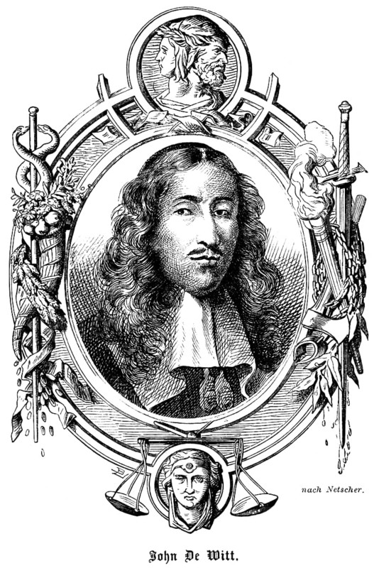 Juhan or Jan de Witt (1625-1672) Council pensioner of Holland, first statesman of the Republic of the United Netherlands, long wavy hair, critical look, symbolic ornamentation, Janus head, torch, sword, heraldry, portrait of famous personalities, historical illustration 1863