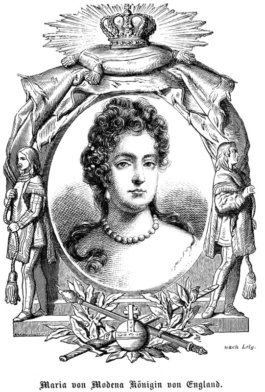 Mary of Modena, Queen of England, Scotland and Ireland, (1662-1694) Mary II. Queen of England, Protestant, marriage to William III of Orange, move to the Netherlands, curls, necklace, critical gaze, portrait of famous personalities, oval, royal house, royal insignia, crown, sceptre, orb, globe, pearls, numerous decorations, art, steel engraving, historical illustration 1863