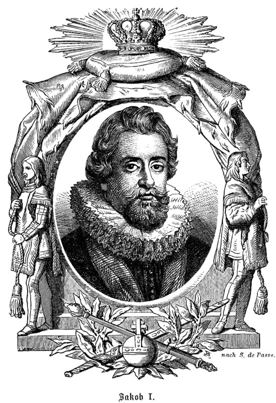 James I or Jacob I (1566-1625), son of Mary Stuart, King of Scotland, from 1603 also James VI, King of England and Ireland, personal union, introduction of national flags, English George Cross and Scottish St Andrew's Cross, portrait of famous personalities, oval, royal house, royal insignia, crown, sceptre, orb, globe, ruff, beard, numerous decorations, art, steel engraving, historical illustration 1863