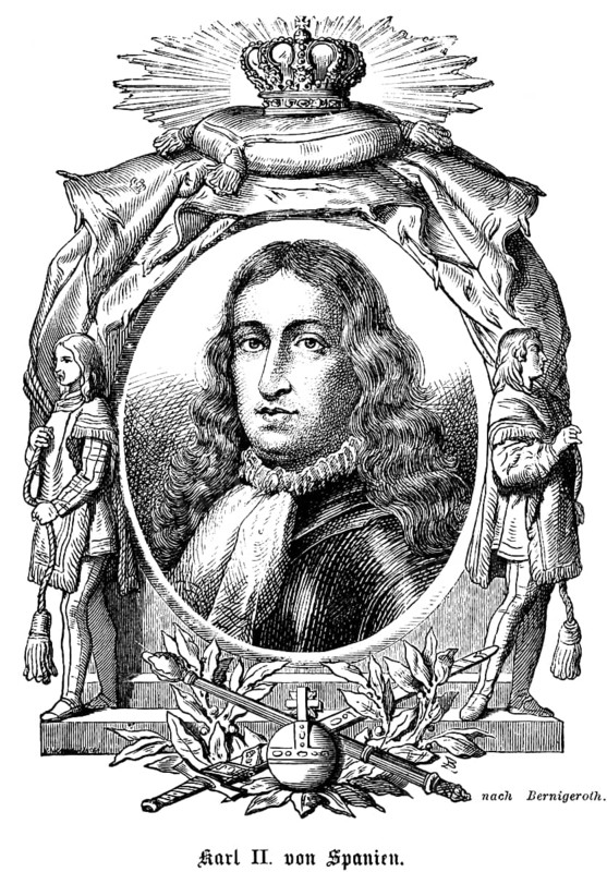 Carlos II, King Carlos II of Spain (1661-1700) colonial power, King of Naples and Sicily, King of Sardinia, mental handicap, degeneration and inbreeding, incapable of ruling, War of the Spanish Succession, long wavy hair, scarf, fixed gaze, portrait of famous personalities, oval, royal house, royal insignia, crown, sceptre, orb, globe, long wavy hair, serious look, numerous decorations, art, steel engraving, historical illustration 1863