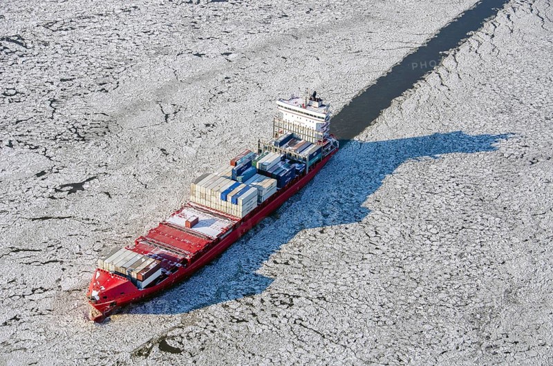 Germany, ship, container ship, commercial shipping, obstruction, freight connection, ice, ice, refrigeration, transport, logistics, sea route, plaice floes, shipping, chartering, freight, economy, aerial view, trade, aerial view, winter, season