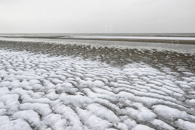North Sea beach in snow, Langeoog, Lower Saxony, Germany