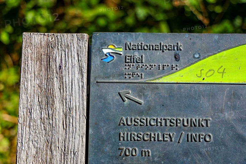 Heimbach, North Rhine-Westphalia, Germany — Eifel National Park. Eifel-Blick Hirschley sign. Viewpoint with a view of the Rursee, the Schwammenauel Rurtalsperre. Barrier-free nature experience area Wilder Kermeter