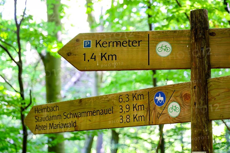 Schleiden, North Rhine-Westphalia, Germany — Eifel National Park. Information sign, Heimbach, Schwammenauel, Mariawald Abbey, Kermeter. Barrier-free nature experience area Wilder Kermeter