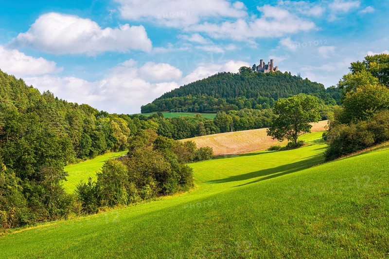 View over green meadows and forests to the ruins of Hanstein Castle, Bornhagen, Eichsfeld, Thuringia, Germany
