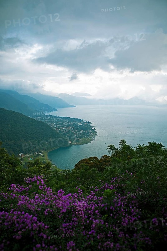 Lake Atitlán or Lake Atitlán in the evening, below Panajachel, Sololá Department, Guatemala
