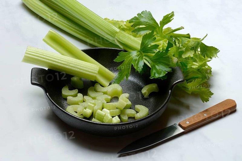 Celery stalks, pieces with knife in pot