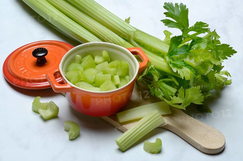 Celery stalks, pieces in pots