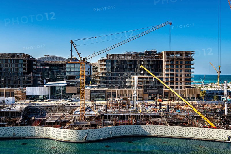 View of the construction sites all around from the Zayed National Museum platform, the museum with the adjacent construction sites is the heart of the cultural district on Saadiyat Island, Abu Dhabi, United Arab Emirates