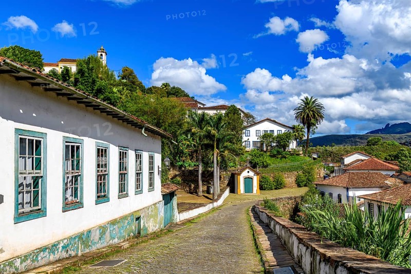 Typical architecture of the old city of Ouro Preto with chapel and historic houses
