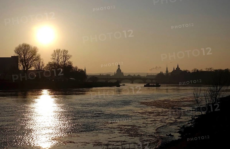 View of Church of Our Lady Dresden from the banks of the Elbe, winter evening, Saxony, Germany