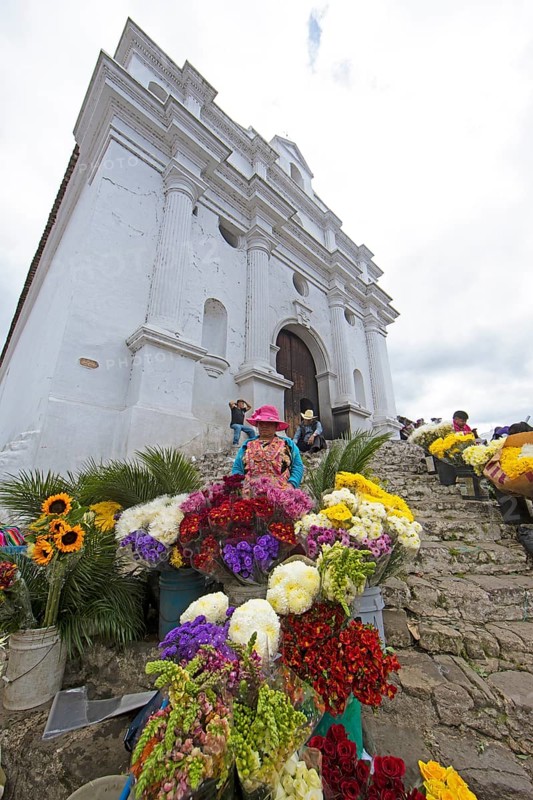 Flower market on the steps of Santo Tomás Church in Chichicastenango, Highlands, El Quiché Department, Guatemala