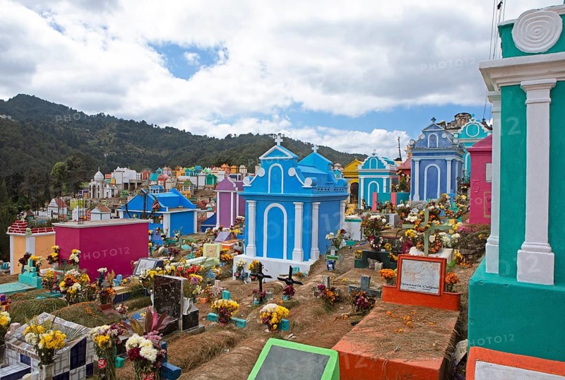 Colourful graves at the cemetery in Chichicastenango, Highlands, El Quiché Department, Guatemala
