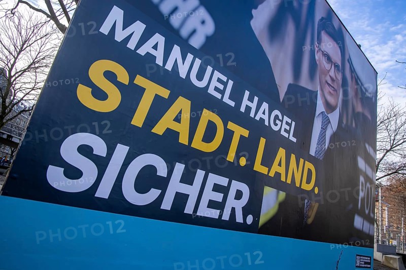 2026 state election in Baden-Württemberg. Election advertising in the city center of Stuttgart. Election poster with CDU top candidate Manuel Hagel. Stuttgart, Baden-Württemberg, Germany