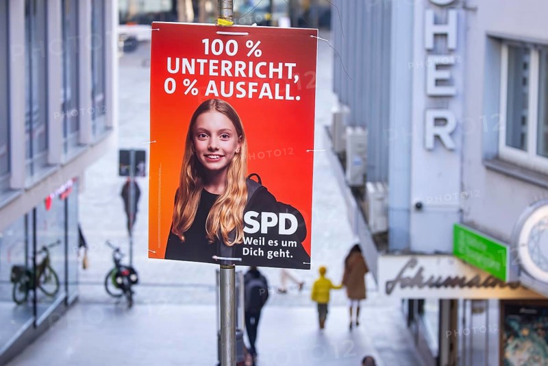 2026 state election in Baden-Württemberg. Election advertising in the city center of Stuttgart. Paartei SPD poster on education policy. Stuttgart, Baden-Württemberg, Germany