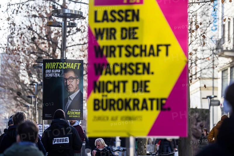 2026 state election in Baden-Württemberg. Election advertising in the city center of Stuttgart. FDP and GRÜNE rely on economic expertise. Top candidate Cem Özdemir. Stuttgart, Baden-Württemberg, Germany