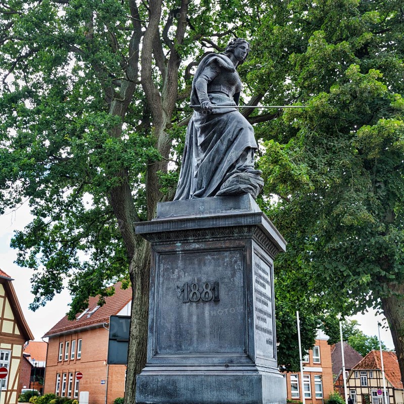 Restored Germania monument, Germania statue with sword, base with inscription, symbol, German unity, sculptor Gustav Eberle, Neuhaus, Neuhaus district, Lower Saxony Elbe floodplain biosphere reserve, Lower Saxony, Germany