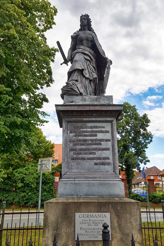 Restored Germania monument, Germania statue with sword, base with inscription, symbol, German unity, sculptor Gustav Eberle, Neuhaus, Neuhaus district, Lower Saxony Elbe floodplain biosphere reserve, Lower Saxony, Germany