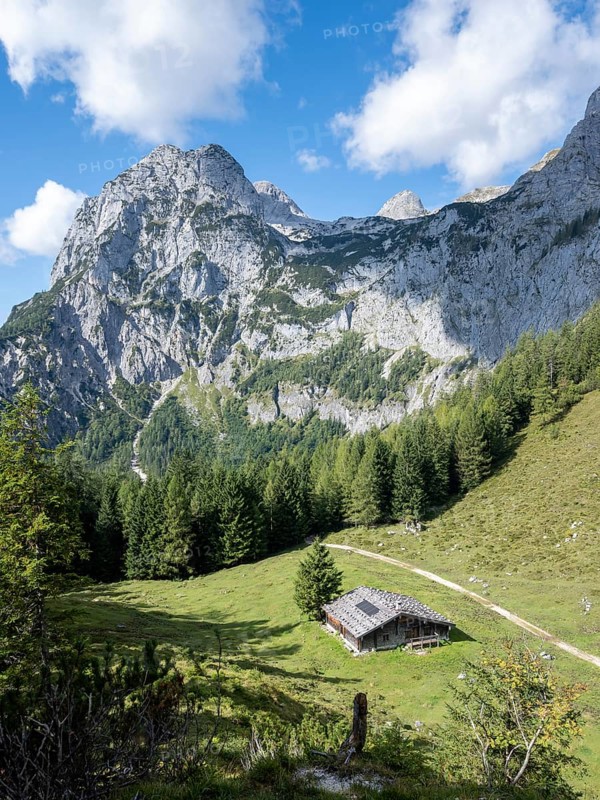The Halsalm in front of the Halsgrube where bearded vultures are released into the wild, above the peaks of horse-rider Alm, Berchtesgaden National Park, Bavaria, Germany