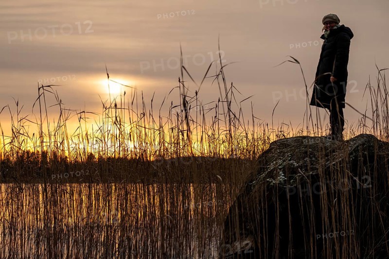 Woman in winter clothes standing on a rock on a lakeside covered with reeds, sunset, winter mood, Finland