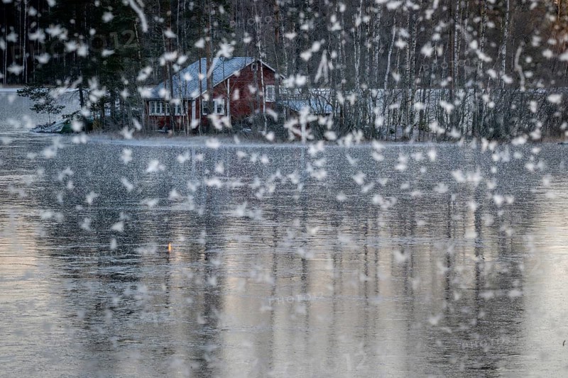 Small ice flowers on a window with lake and house on an island in the background, Finland
