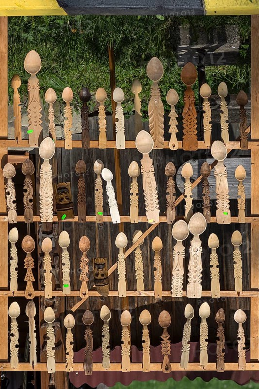 Carved wooden spoons as a souvenir in front of Voronet Monastery, Buckovina, Romania