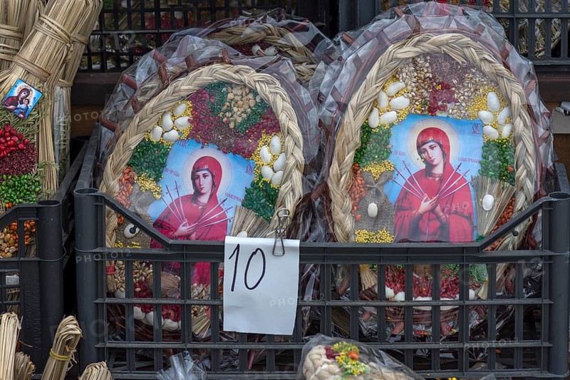 Images of saints at the souvenir stand for tourists in Vorone?, Buckowina, Romania