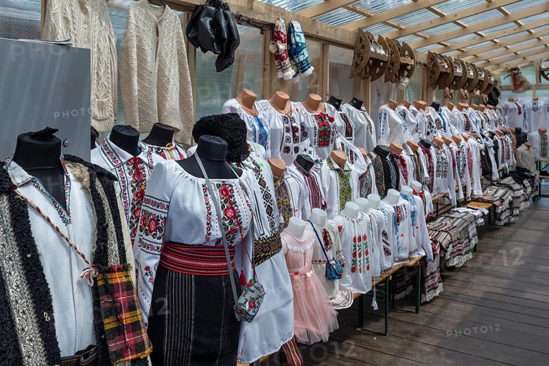 Shop selling Romanian traditional costume clothing for tourists, Vorone?, Romania