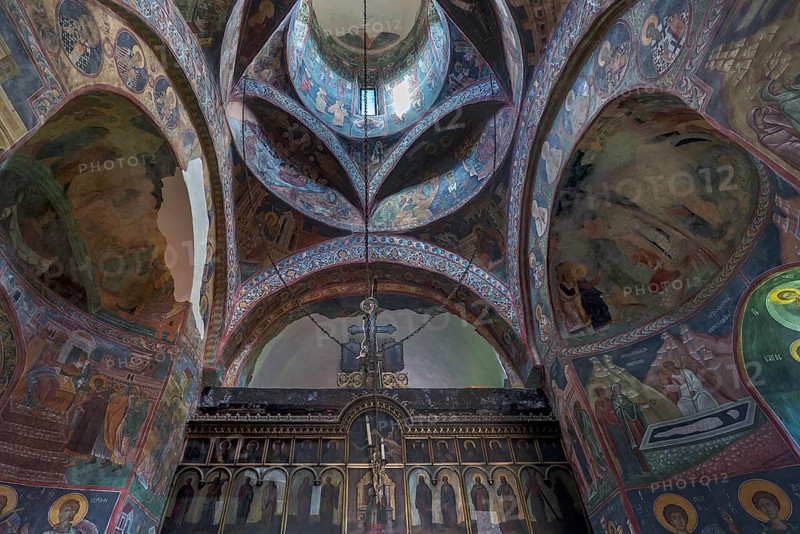 Wall frescoes and dome of the Church of the Exaltation of the Cross, Patrauti Moldavian monastery from the 15th century, Patrauti, Romania