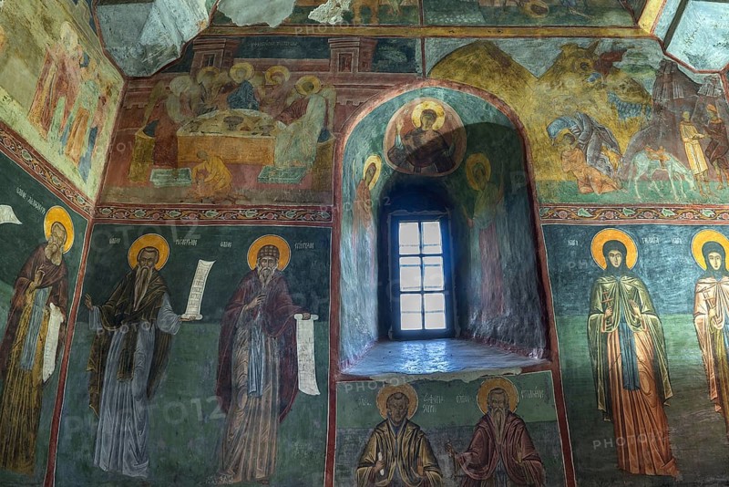 Wall frescoes in the Church of the Exaltation of the Cross, Patrauti Moldavian monastery from the 15th century, Patrauti, Romania