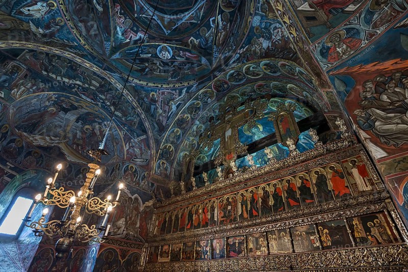 Ceiling frescoes and wall paintings in the interior of Humor Monastery, Romanian Orthodox Women's Monastery, 1530, Gura Humorului, Romania