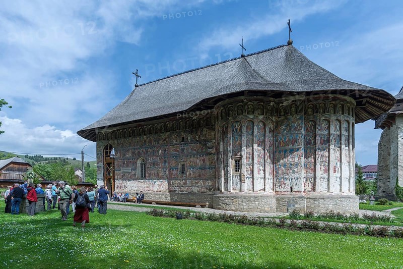 Tour group in front of Humor Monastery, Romanian Orthodox Women's Monastery, 1530, Gura Humorului, Romania